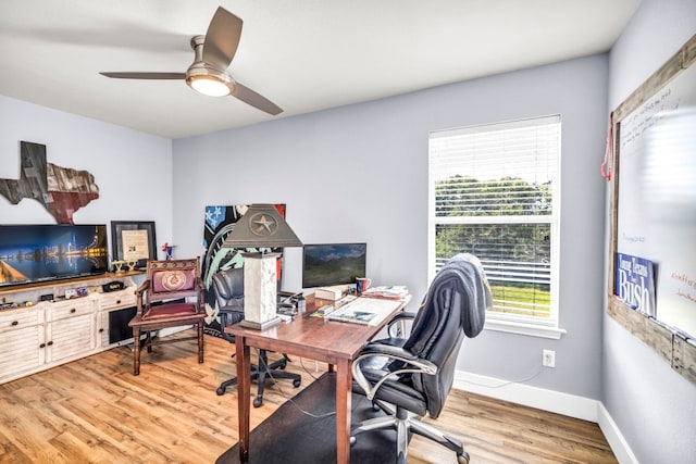 office space featuring ceiling fan, light wood-style flooring, and baseboards