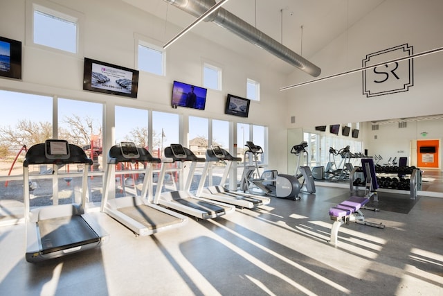 gym with a towering ceiling