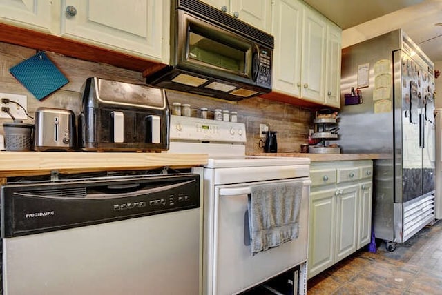 kitchen featuring dishwasher, white range with electric stovetop, dark tile flooring, and backsplash