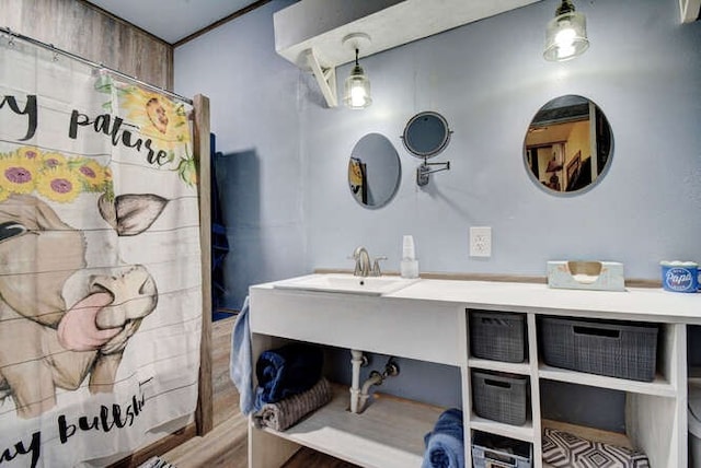 bathroom with wood-type flooring