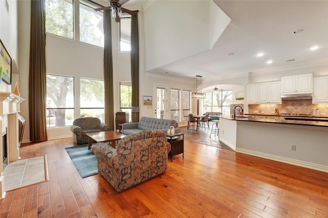 living room featuring a fireplace, light hardwood / wood-style flooring, and ceiling fan