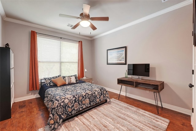 bedroom with ceiling fan, dark hardwood / wood-style floors, and ornamental molding