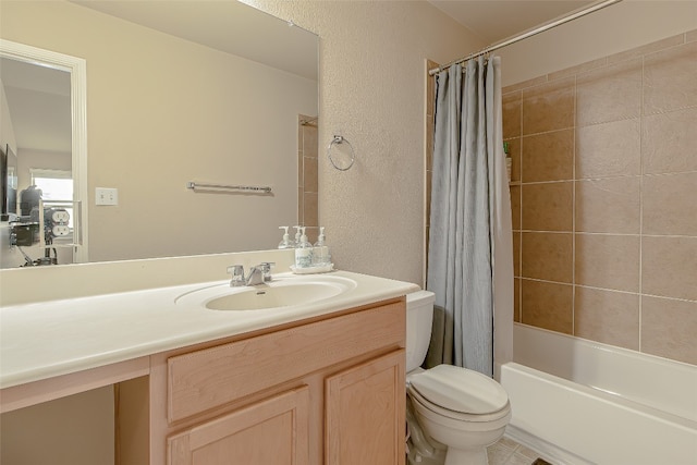 full bathroom with oversized vanity, toilet, shower / bath combination with curtain, and tile floors