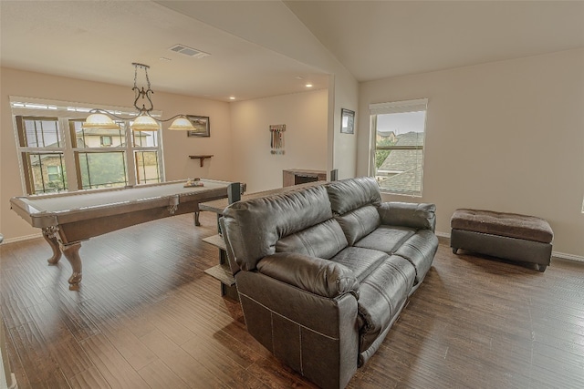 living room with vaulted ceiling, pool table, and dark wood-type flooring