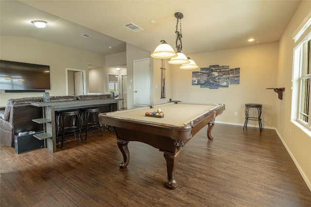 playroom featuring billiards, dark hardwood / wood-style floors, and lofted ceiling