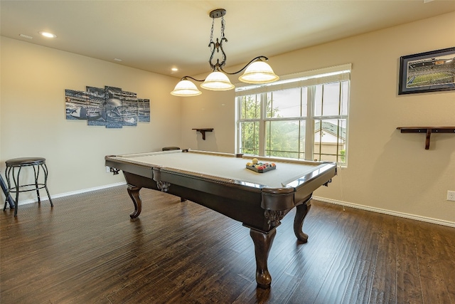 recreation room with billiards and dark hardwood / wood-style floors