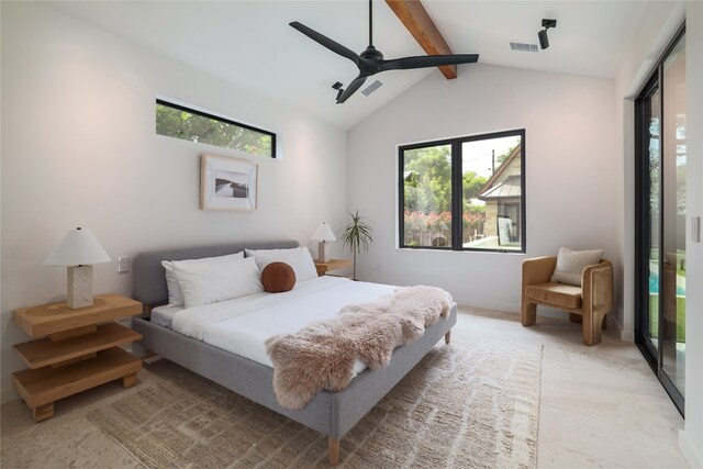 bedroom with ceiling fan, multiple windows, and vaulted ceiling with beams