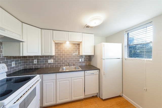 kitchen featuring white cabinetry, white appliances, premium range hood, backsplash, and sink