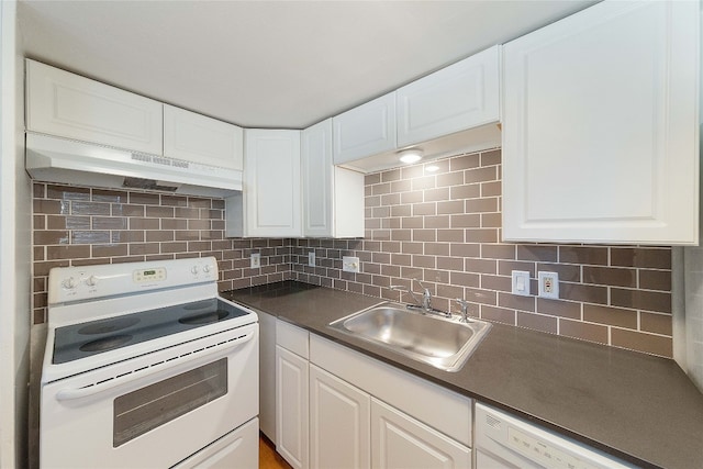 kitchen featuring white cabinetry, white appliances, premium range hood, backsplash, and sink