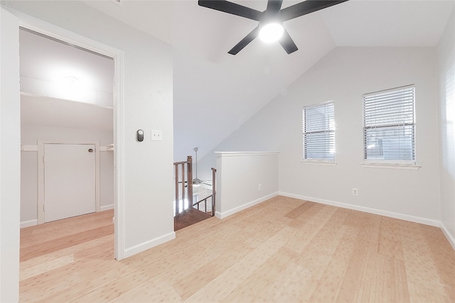 bonus room with ceiling fan, light hardwood / wood-style flooring, and lofted ceiling