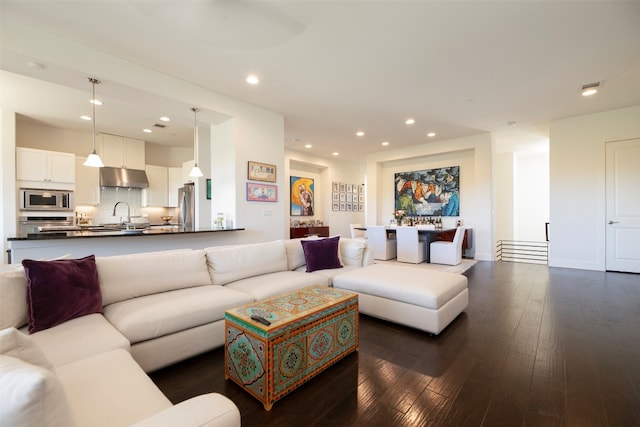 living room featuring sink and dark hardwood / wood-style floors