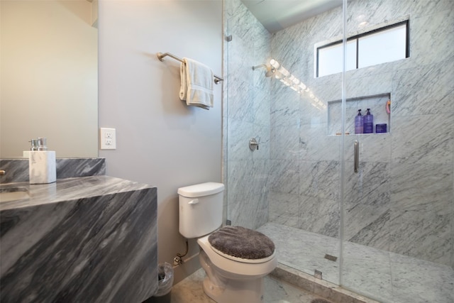 bathroom featuring tile floors, an enclosed shower, and toilet