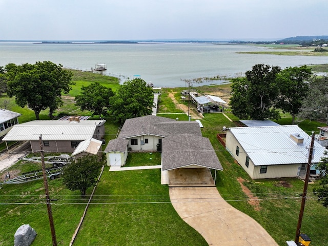 drone / aerial view featuring a water view