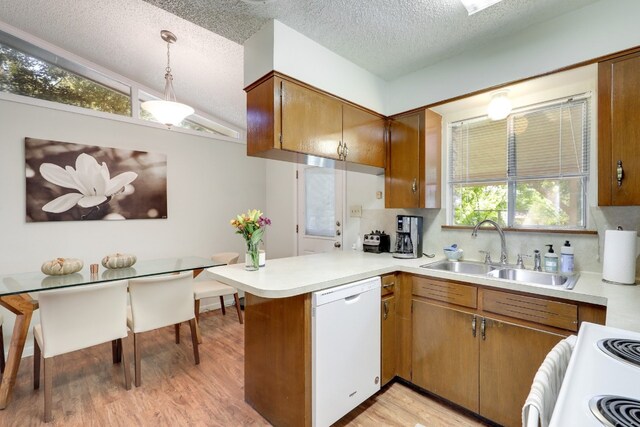 kitchen featuring decorative light fixtures, vaulted ceiling, dishwasher, light wood-type flooring, and sink