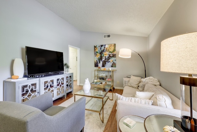 living room with lofted ceiling, a textured ceiling, and hardwood / wood-style flooring