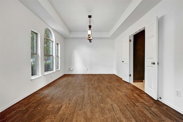 spare room with a tray ceiling and dark wood-type flooring