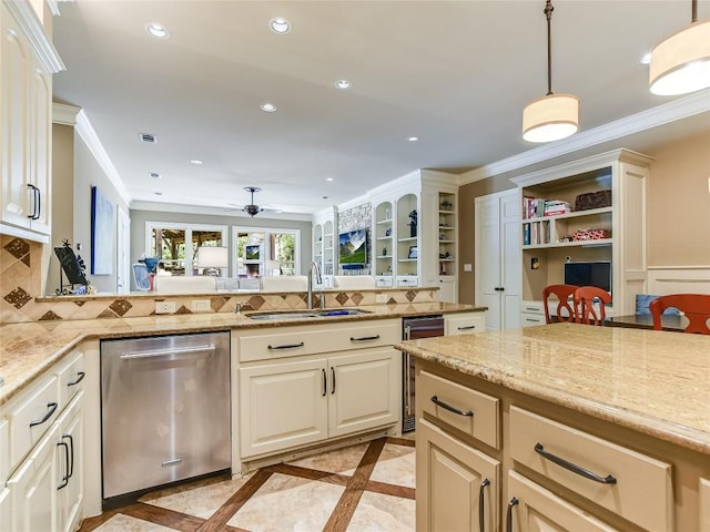 kitchen featuring stainless steel dishwasher, ceiling fan, beverage cooler, sink, and hanging light fixtures