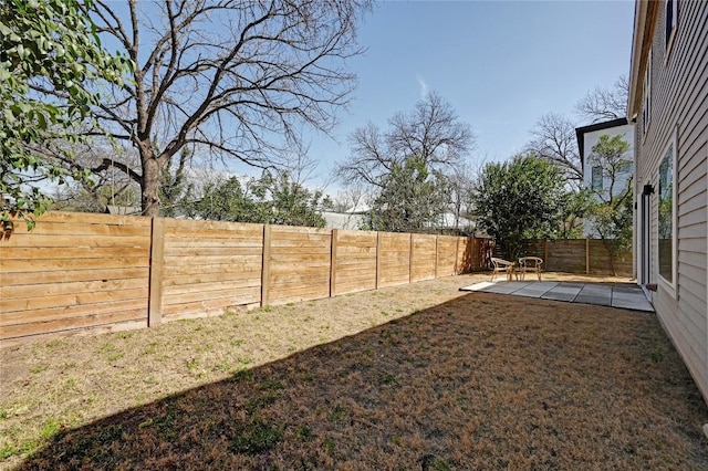 view of yard with a patio area and a fenced backyard