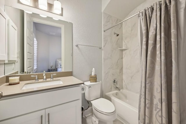 full bathroom with vanity, toilet, and shower / bathtub combination with curtain