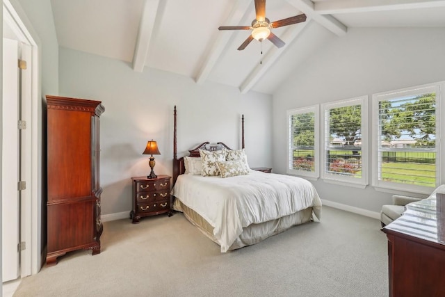 bedroom featuring ceiling fan, beamed ceiling, light colored carpet, and high vaulted ceiling