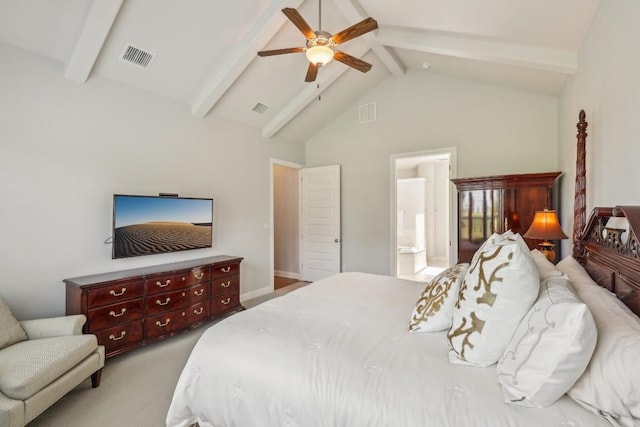 bedroom featuring high vaulted ceiling, ensuite bathroom, ceiling fan, beamed ceiling, and light colored carpet