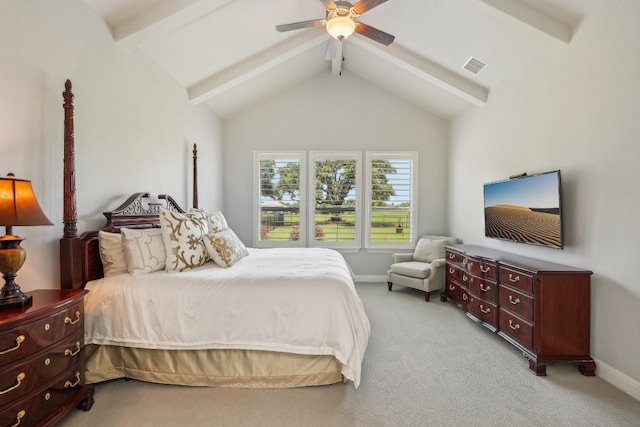 carpeted bedroom featuring beam ceiling, high vaulted ceiling, and ceiling fan