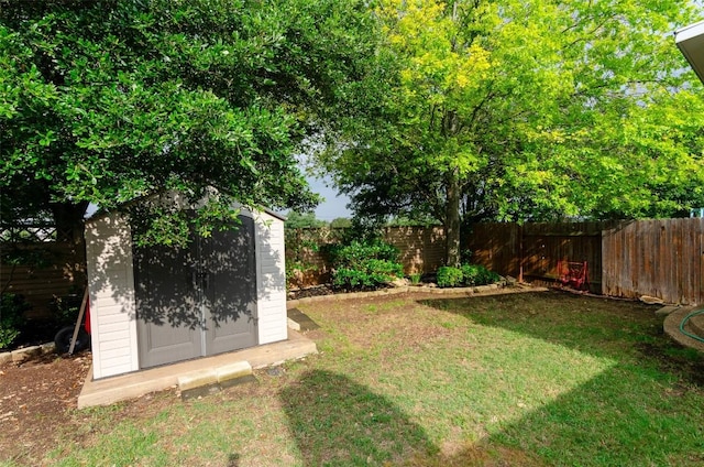 view of yard featuring a storage shed