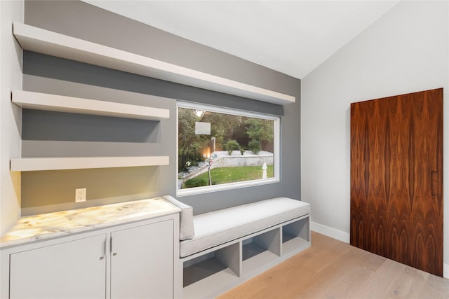 sitting room featuring vaulted ceiling and light hardwood / wood-style flooring