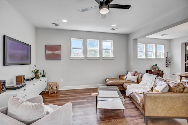 living room with ceiling fan and hardwood / wood-style flooring