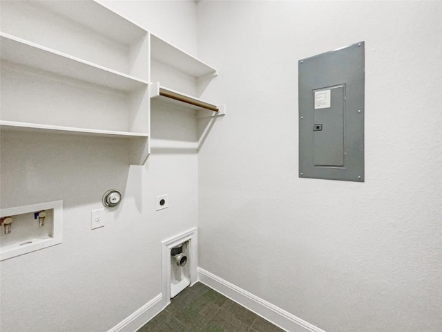 washroom featuring electric panel, hookup for a gas dryer, hookup for a washing machine, and hookup for an electric dryer