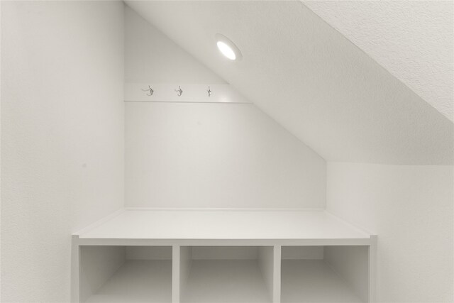 mudroom with lofted ceiling and a textured ceiling