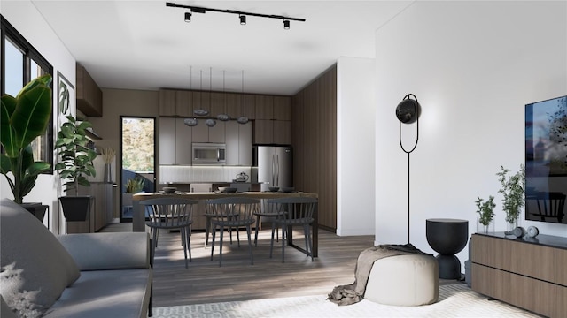 dining space with track lighting and light hardwood / wood-style flooring