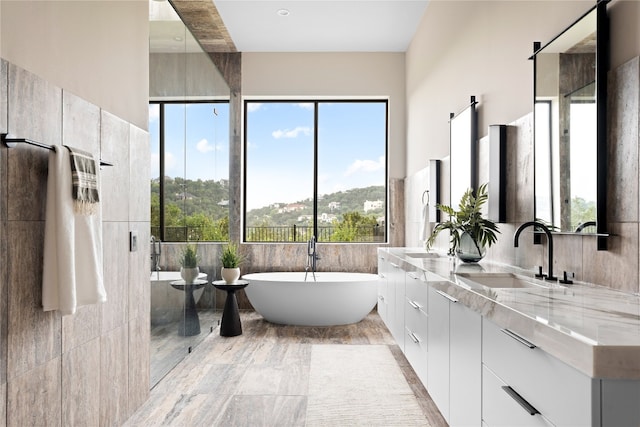 bathroom featuring vanity and a bath