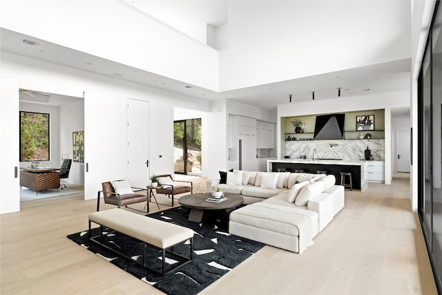 living room with plenty of natural light, light hardwood / wood-style floors, and a high ceiling