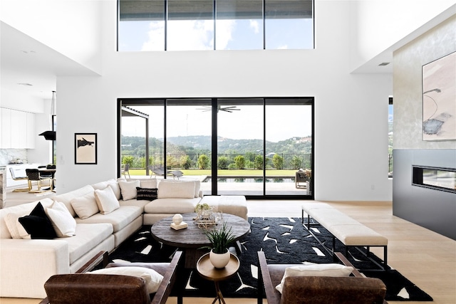 living room featuring a mountain view, a fireplace, a high ceiling, and light wood-type flooring