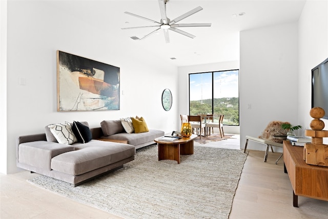 living room with ceiling fan and light wood-type flooring