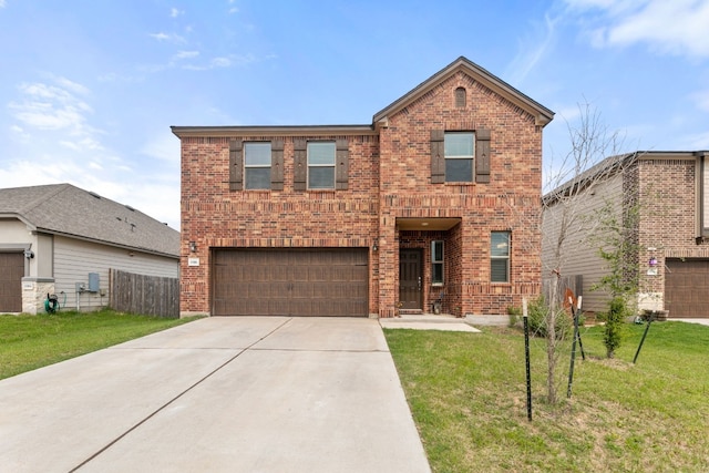 traditional home featuring driveway, brick siding, a garage, and a front yard