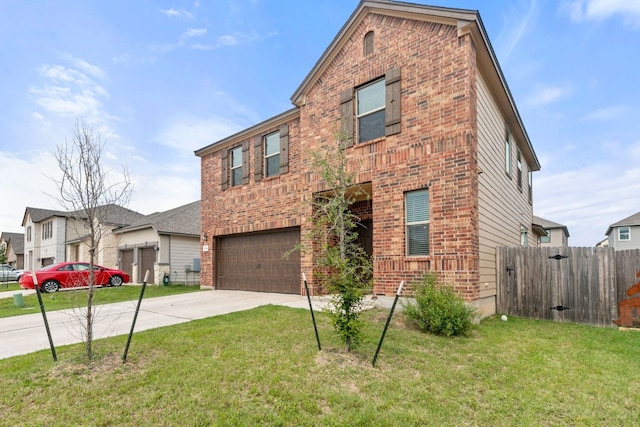 traditional-style home featuring a garage, brick siding, fence, driveway, and a front yard