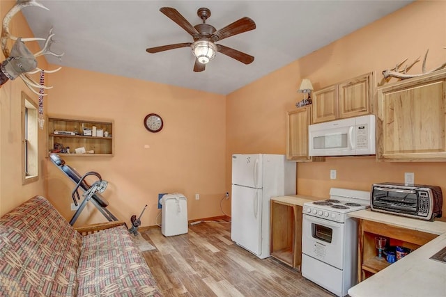 kitchen with ceiling fan, white appliances, light hardwood / wood-style floors, and light brown cabinets