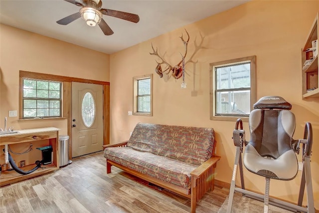 sitting room with ceiling fan, plenty of natural light, and light wood-type flooring