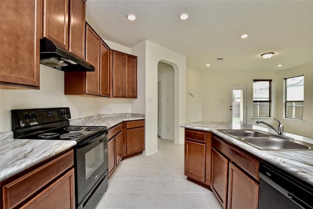 kitchen with dishwasher, black range with electric stovetop, and sink