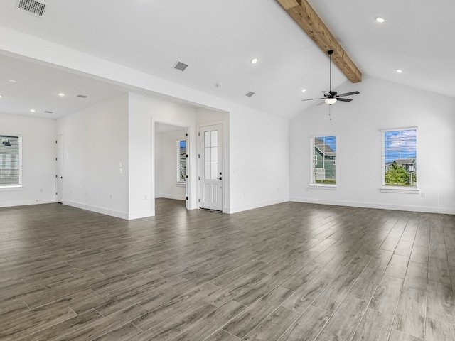 unfurnished living room featuring vaulted ceiling with beams, dark hardwood / wood-style floors, and ceiling fan