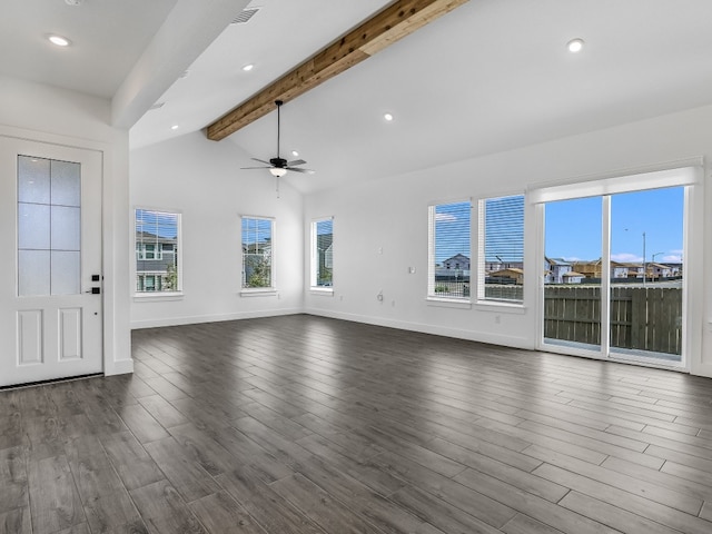 unfurnished living room featuring dark hardwood / wood-style floors, lofted ceiling with beams, and ceiling fan