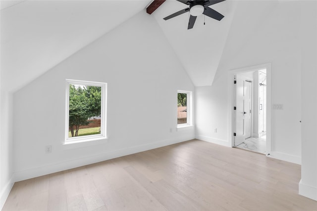 additional living space with ceiling fan, light hardwood / wood-style flooring, beam ceiling, and high vaulted ceiling