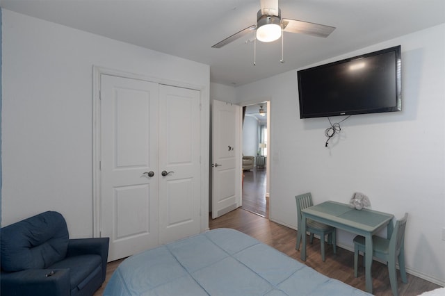 bedroom with ceiling fan, a closet, and wood-type flooring