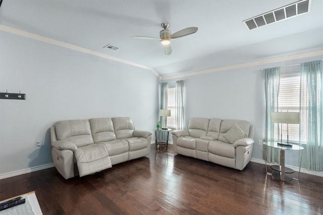 living room with ceiling fan, dark hardwood / wood-style floors, ornamental molding, and lofted ceiling