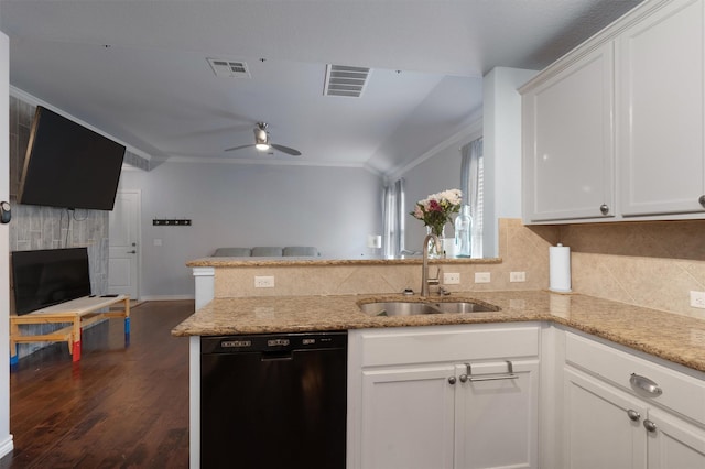 kitchen featuring ceiling fan, black dishwasher, white cabinetry, and sink