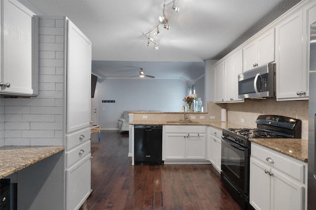 kitchen with white cabinetry, ceiling fan, backsplash, light stone counters, and black appliances