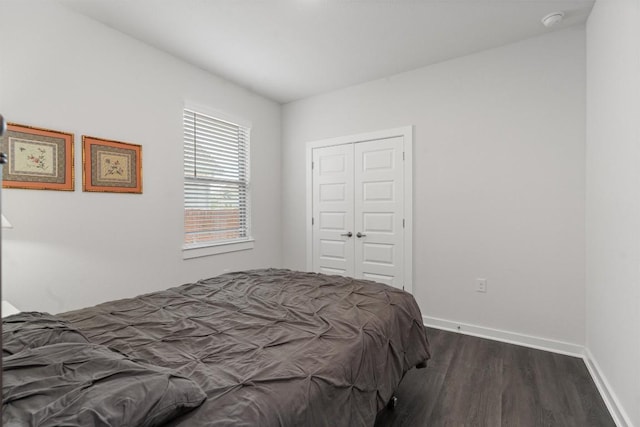 bedroom with dark hardwood / wood-style flooring and a closet