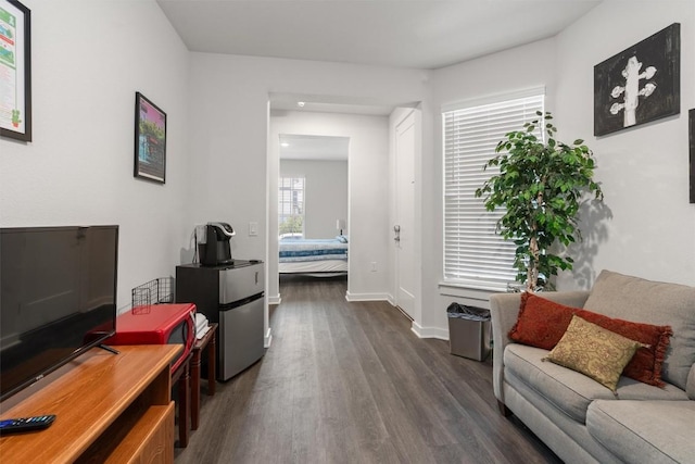 living room with dark hardwood / wood-style flooring